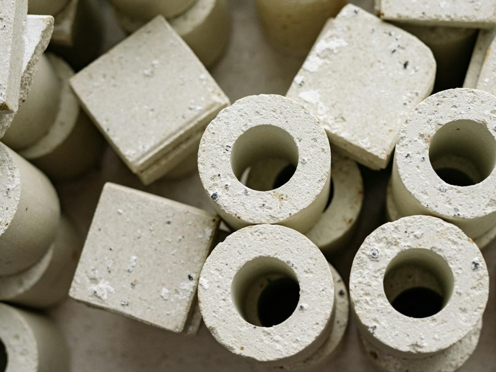 Abstract arrangement of cylindrical and square concrete shapes with a textured surface.