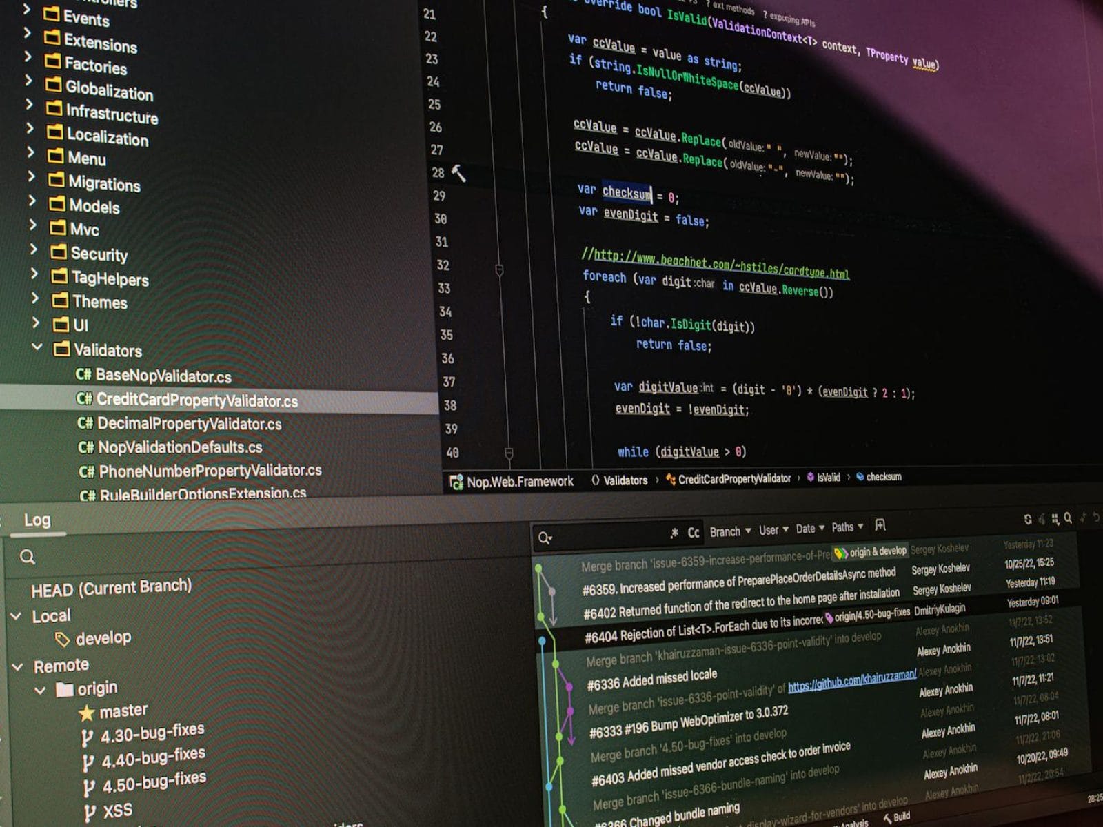 Close-up of software development tools displaying code and version control systems on a computer monitor.